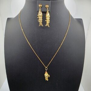 Vintage Articulated Cloisonne Koi Fish Pendant Fish Earrings Set Chain 14k GP